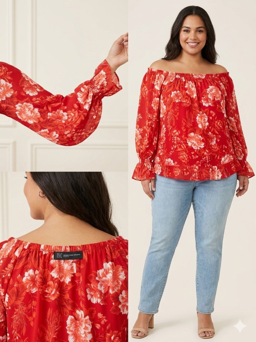 INC Red Floral Off-The-Shoulder Blouse Size 1X Smocked Ruffle
